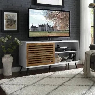 Meuble TV / Console de télévision avec porte coulissante, Coloris: blanc/bois de grange
